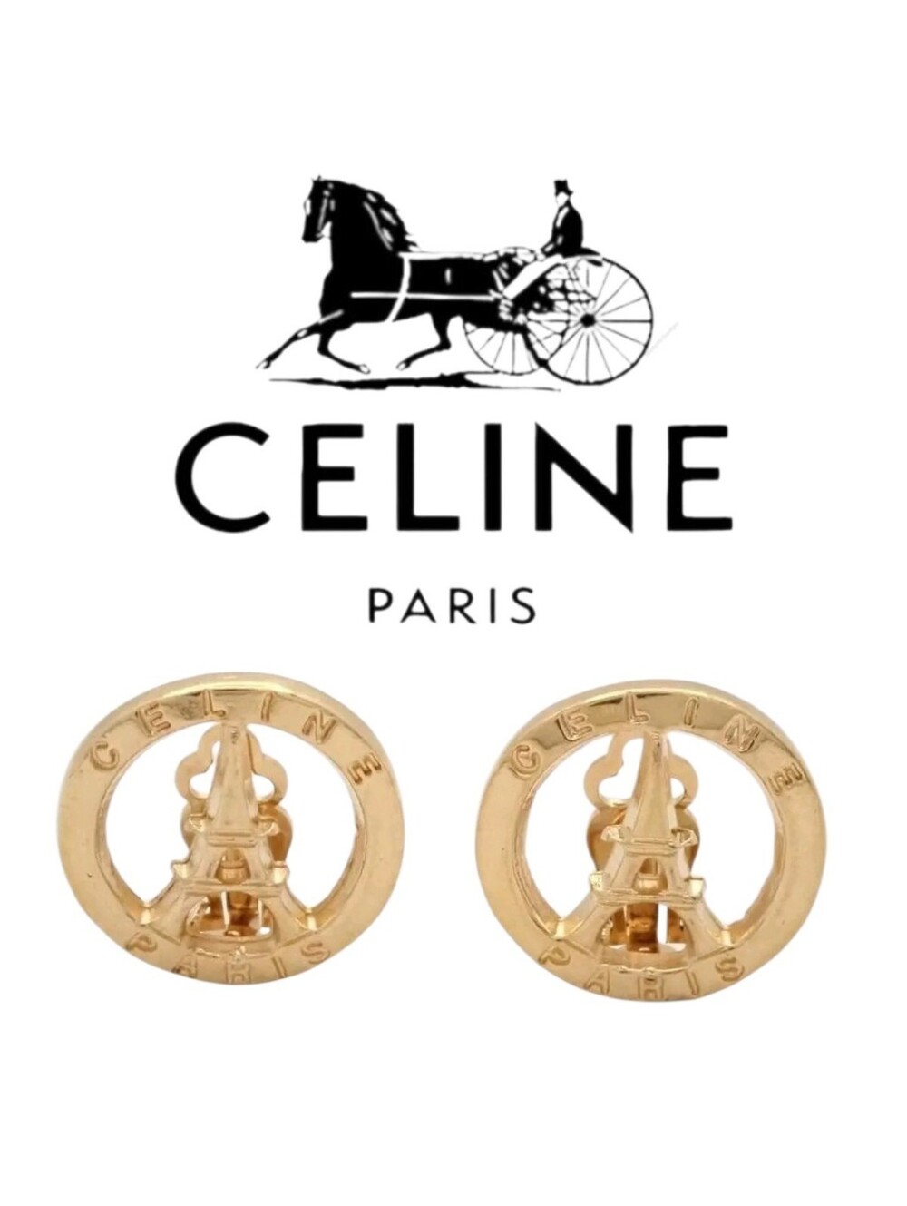 Rare Celine Paris 24 Kt Gold Plated Clip-on Earrings Eiffel Tower Cutout Motif